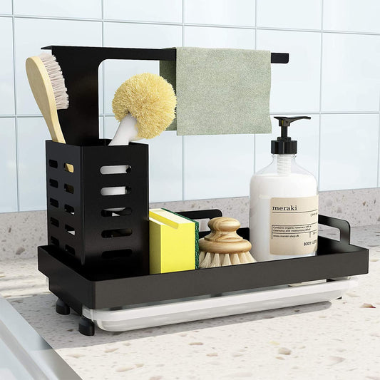 Shunfaji Sink Organizer Stainless Steel Utensil Basket for Kitchen & Bathroom with Drain Pan, Adhesive Countertop Dual-Use Sponge Brush Soap Dish Holder
