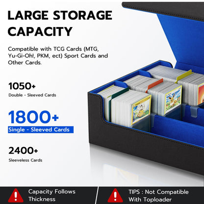 Tolesum Card Deck Box for MTG, Holds 1800+ cards with dividers, PU Leather Strong Magnetic Trading Card Storage Box Compatible with Magic Commander TCG Cards - Black and blue.