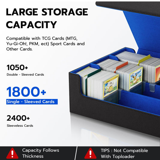 Tolesum Card Deck Box for MTG, Holds 1800+ cards with dividers, PU Leather Strong Magnetic Trading Card Storage Box Compatible with Magic Commander TCG Cards - Black and blue.