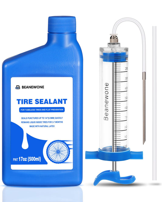 Beanewone tubeless sealant, 500ml tubeless milk and tubeless syringe for direct injection of long-lasting sealant into MTB and road bike tires.