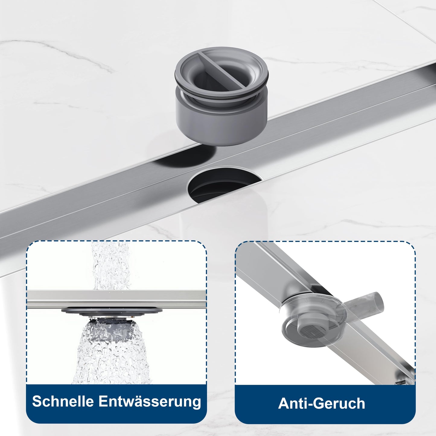 Neodrain shower drain 80cm stainless steel floor drain - 360° siphon drainage channel extra flat with odor stop hair sieve and drainage pipe adapter for bathroom, outdoor area