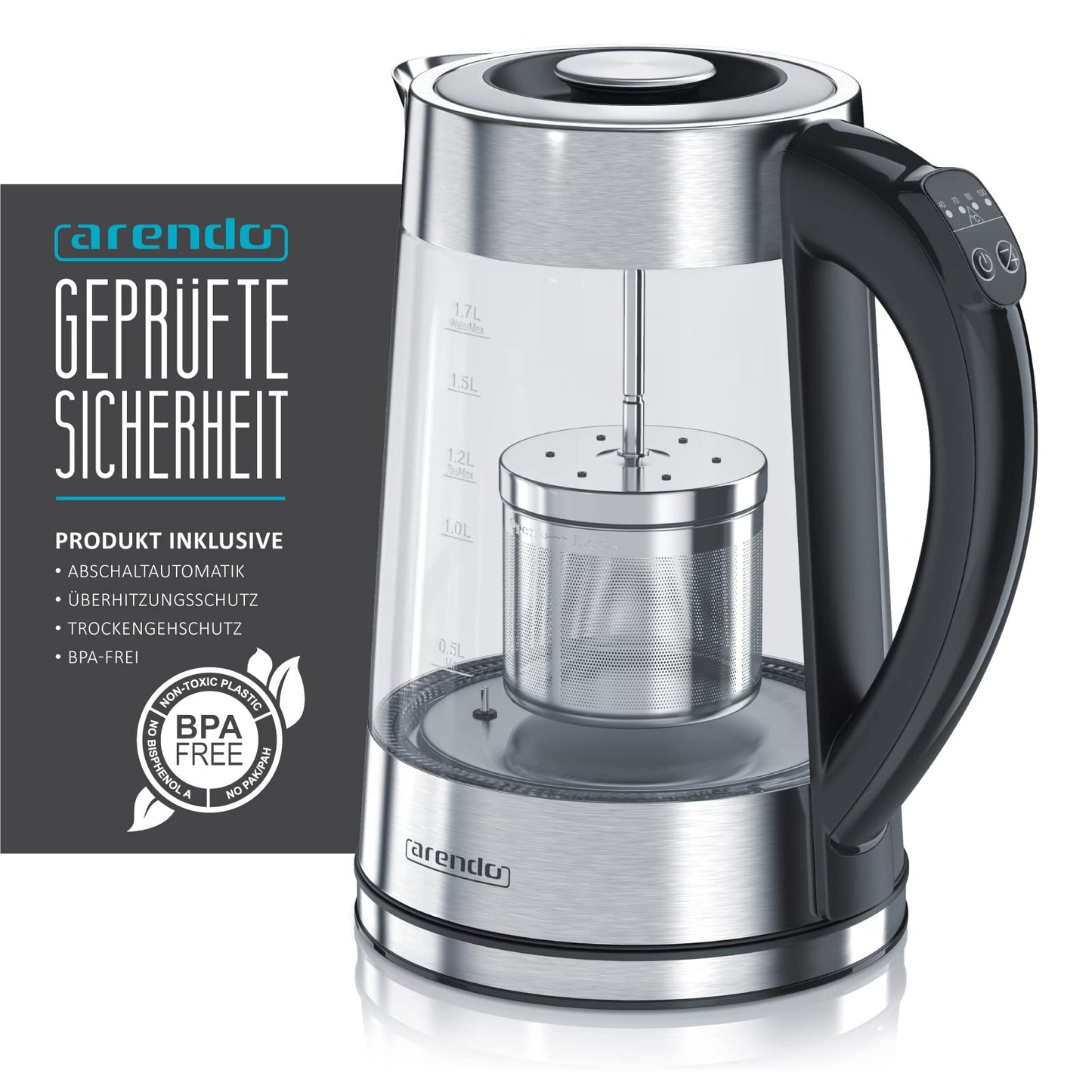 Arendo - Glass water kettle with temperature setting and tea infuser - Adjustable temperatures 40, 70, 80, 100 degrees - 1.7 liters - Auto shut-off - Keep warm function