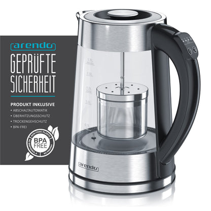 Arendo - Glass water kettle with temperature setting and tea infuser - Adjustable temperatures 40, 70, 80, 100 degrees - 1.7 liters - Auto shut-off - Keep warm function
