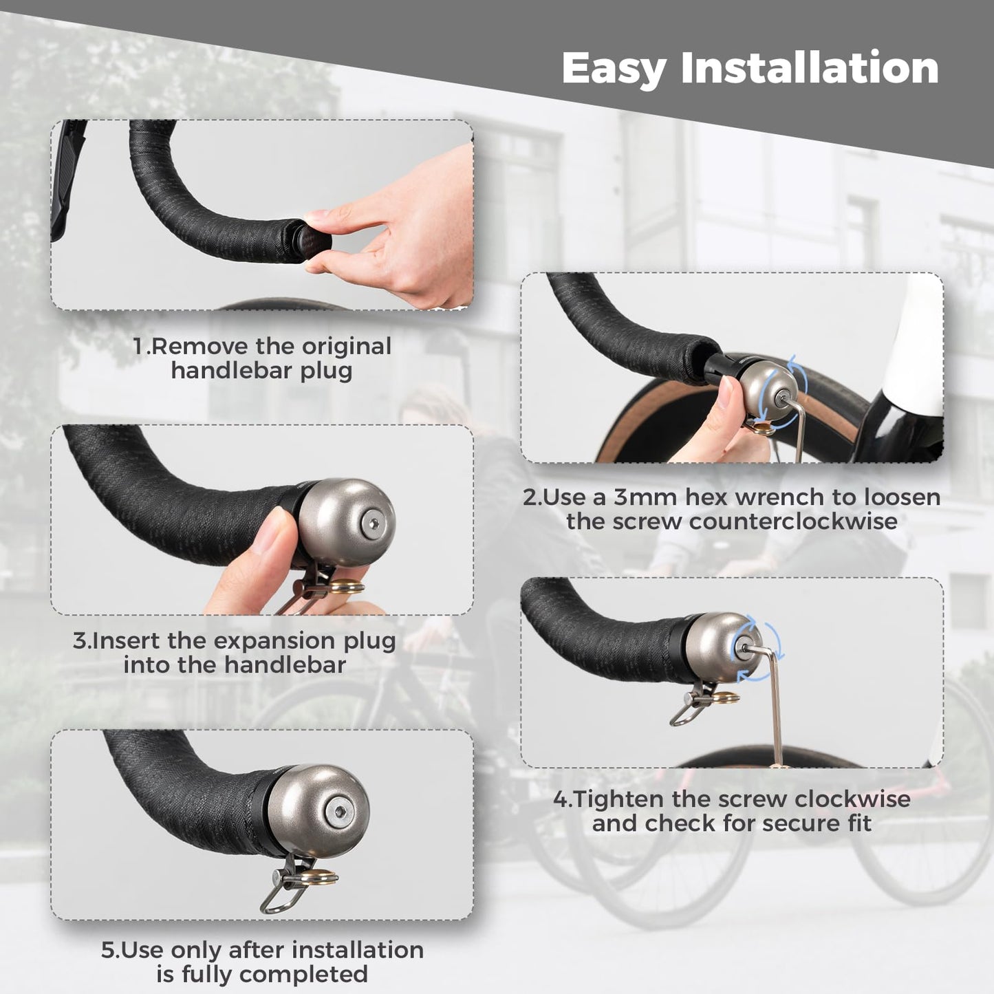 ROCKBROS 2in1 bike bell as handlebar plug, bike bell as handlebar end caps, mini bell bike horn suitable for road bikes with curved handlebars, drop bar road handlebar 22.2 mm Titanium