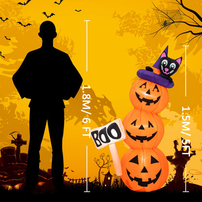 Solpex Halloween decoration, inflatable pumpkin and black cat decoration, 150cm/5FT stacked pumpkin with LED lighting for party, garden, lawn, yard decoration (orange & white)