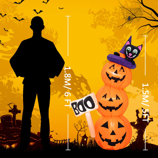 Solpex Halloween decoration, inflatable pumpkin and black cat decoration, 150cm/5FT stacked pumpkin with LED lighting for party, garden, lawn, yard decoration (orange & white)