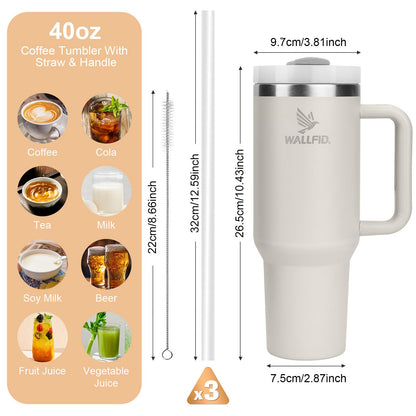 WALLFID 40oz stainless steel thermos cup, vacuum insulated with lid, 3 straws, and 1 straw brush. For hot and cold drinks, perfect for coffee, tea, smoothies, and more. (Pink)