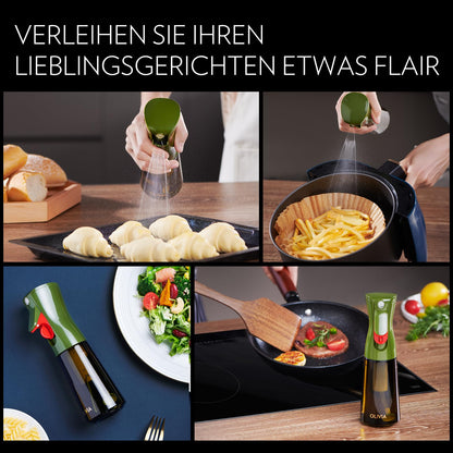 FLAIROSOL OLIVIA 200ml glass oil sprayer - Continuous oil spraying technology with portion control - Versatile oil mister for cooking, salads, grilling, baking, and more scenarios (Green)