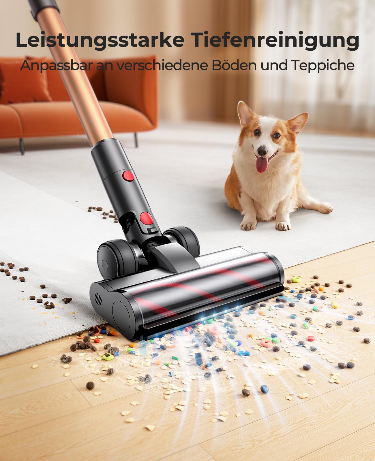 Fieety Cordless Vacuum Cleaner, 550W/45000Pa/60Mins Vacuum Cleaner with Smart Touchscreen, Vacuum Cleaner with Built-in Charging Station, Anti-Tangle Floor Brush for Hard Floors Carpets Pet Hair