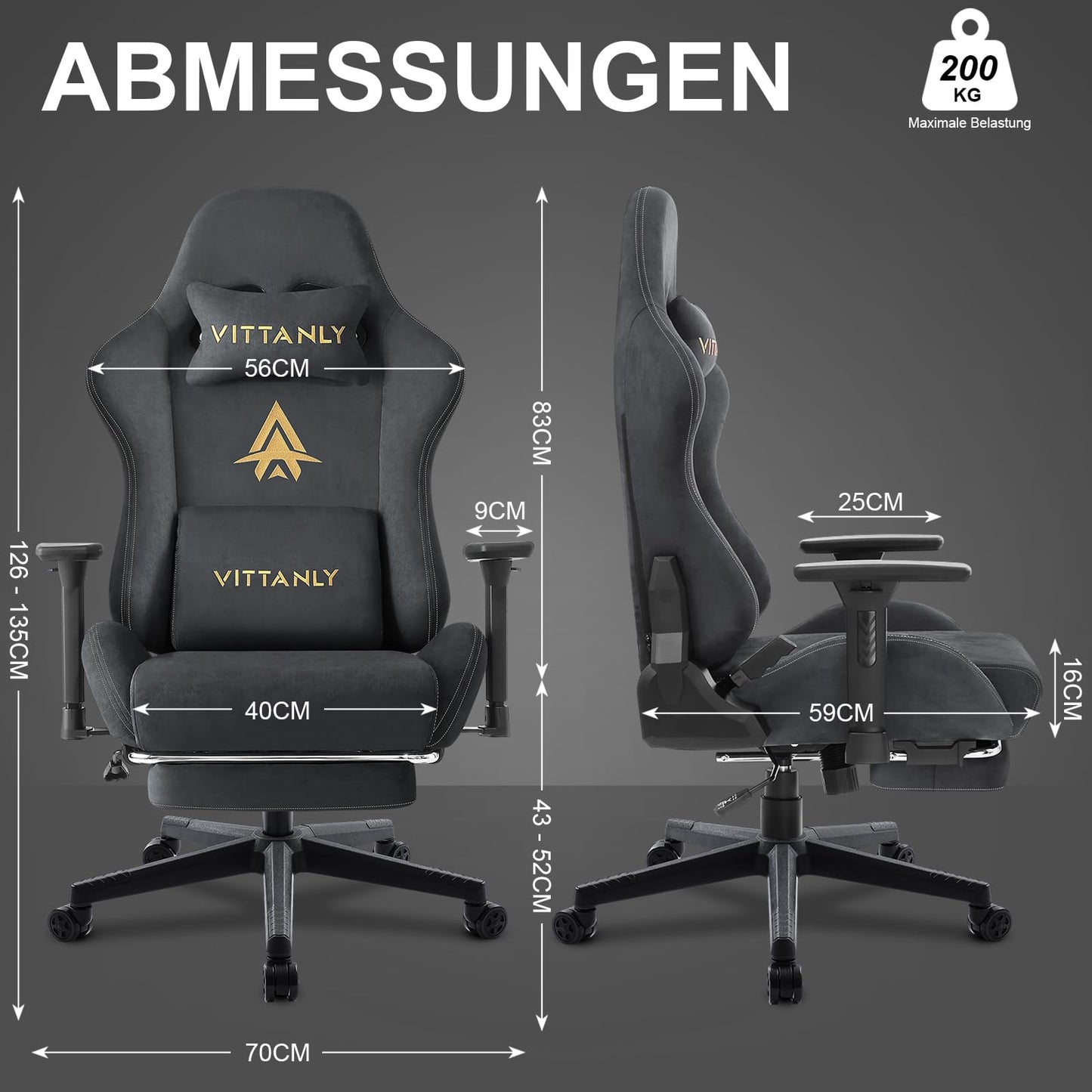 Vittanly Gaming Chair, Luxurious Suede Fabric Office Chair, Ergonomic Desk Chair with Footrest Headrest and Lumbar Pillow, 3D Armrests, 90-155° Backrest, Grey