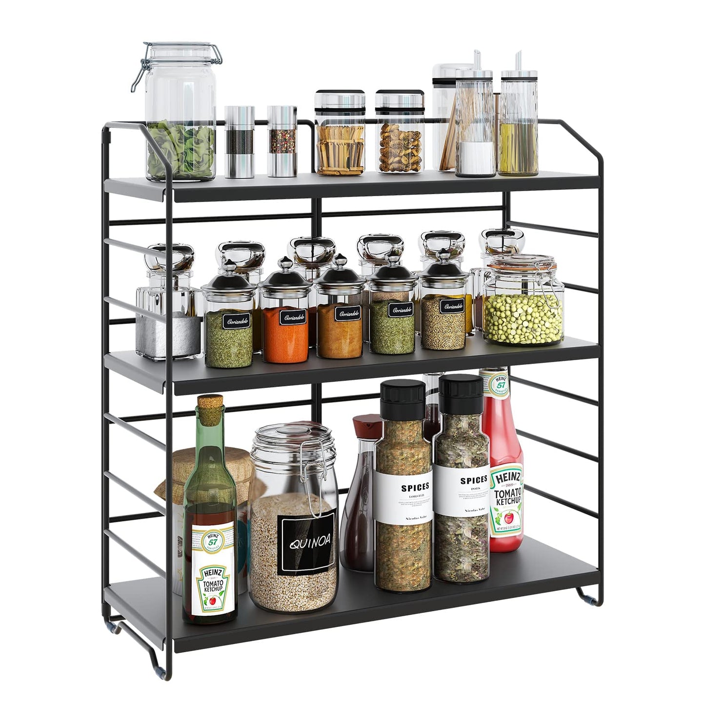AIRUJIA metal spice rack, 3 levels adjustable kitchen shelf, desk organizer suitable for kitchen, bathroom, and bedroom, standing kitchen rack storage bathroom black.