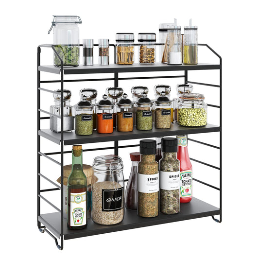AIRUJIA metal spice rack, 3 levels adjustable kitchen shelf, desk organizer suitable for kitchen, bathroom, and bedroom, standing kitchen rack storage bathroom black.