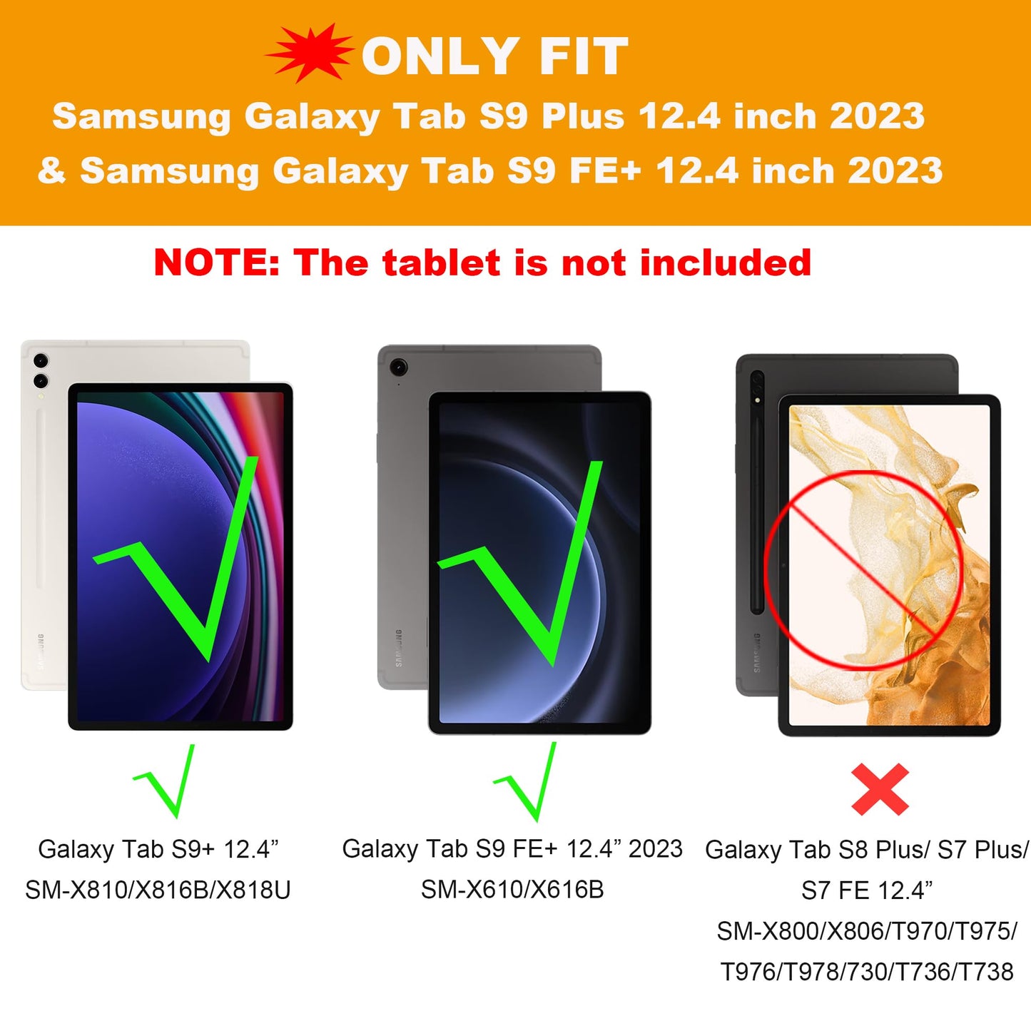 Keyboard case for Samsung Galaxy Tab S9 FE Plus / S9 Plus 12.4 Inch - 7 Color Backlit Touchpad Folio Tablet Cover - Backlit German QWERTZ Layout Keyboard for Tab S9 FE+ / S9+ Black