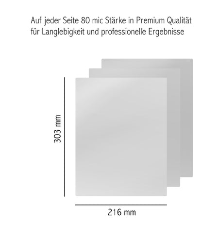 500 pieces of PREMIUM quality hot laminating pouches in the BEST A4 (216 x 303 mm) processing in 2x 80 MIC, NO WATERMARKS - For documents, photos, or cards - Water-resistant, tear-proof in glossy.
