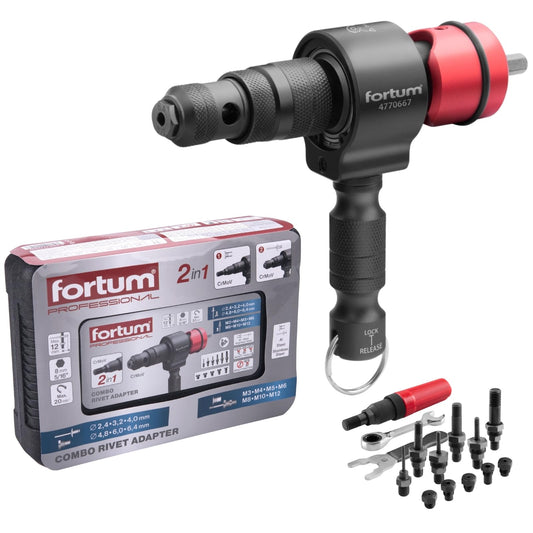 Fortum 2-in-1 riveting attachment for cordless drill & drill I rivet tool for blind rivets & rivet nuts made of aluminum, steel & stainless steel I blind rivet attachment for 2.4-6.4 mm rivets + M3-M12 rivet nuts