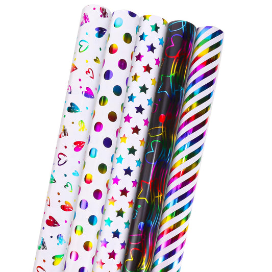 woric 5 Rolls Gift Wrap Birthday, 43cm x 3m Gift Wrapping Roll Colorful Gift Wrap Roll Set for Kids' Birthday Wedding Baby Shower (Multicolor)