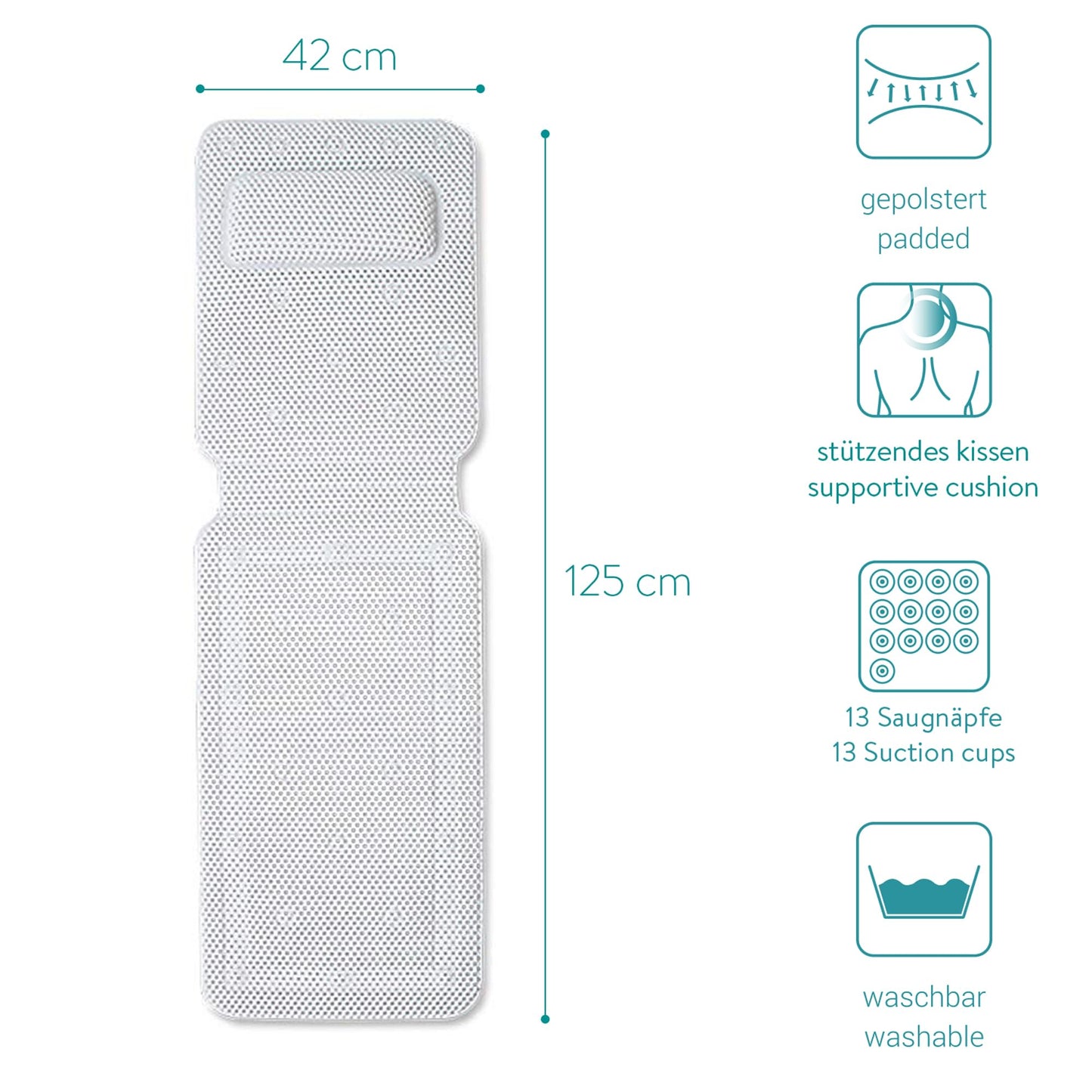 Navaris bathtub full body mat with pillow - 125x42cm mattress for bathtub tub pillow bathtub insert soft - mesh mat in white