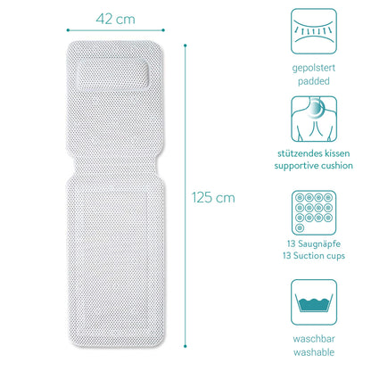Navaris bathtub full body mat with pillow - 125x42cm mattress for bathtub tub pillow bathtub insert soft - mesh mat in white
