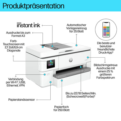 HP OfficeJet Pro 9720e A3 multifunction printer, print up to A3, 3 months of free printing with HP Instant Ink included, HP+, printer, scanner, copier, fax, Wi-Fi, LAN, duplex, AirPrint, grey-white