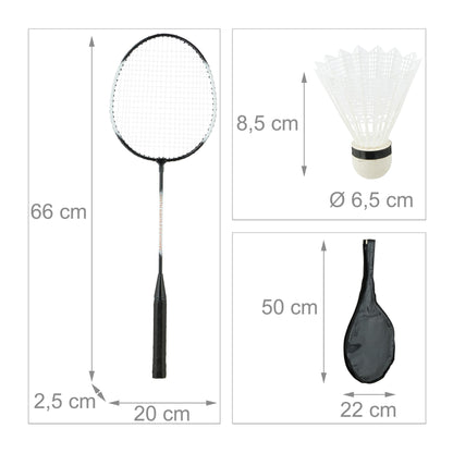 Relaxdays Badminton set with bag, 2 rackets, 10 shuttlecocks, shuttlecock game for children & adults, black/white