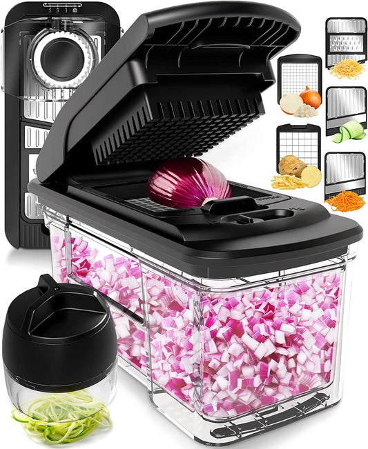 Vegetable slicer Mandoline vegetable slicer - Vegetable cutter cucumber slicer onion slicer potato slicer fruit slicer - Grater for vegetables and cheese - Julienne cutter (All-in-1 stainless steel black)
