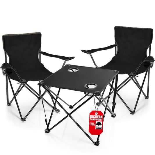 BigDean 2 piece camping chairs & folding camping table in black - table with chairs included - folding chair with table - portable table with chairs