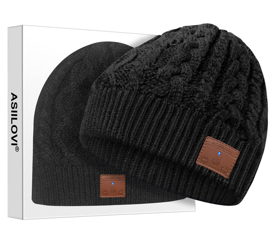 ASIILOVI Bluetooth Beanie, Bluetooth 5.0 Wireless Winter Warm Knit Hat with Double Fleece Lining, Microphone, and HD Speakers, Gifts for Family Thanksgiving Outdoor Christmas- Unisex
