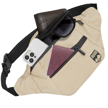 RUVO® Waist Bag for Men and Women | stylish fanny pack with maximum storage space | 4 compartments each with zipper | suitable for all activities.