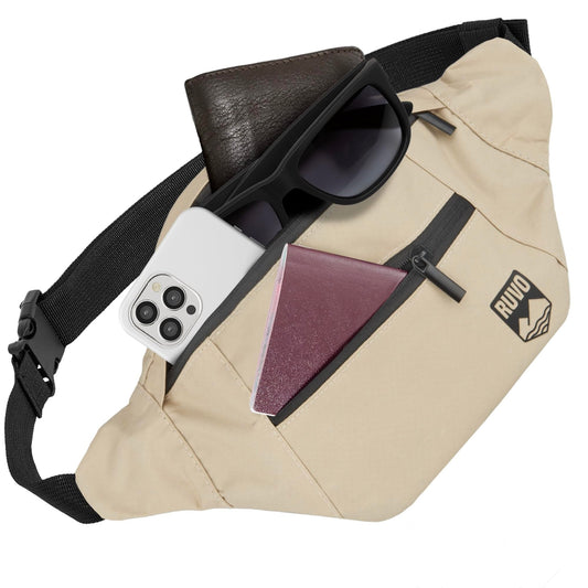 RUVO® Waist Bag for Men and Women | stylish fanny pack with maximum storage space | 4 compartments each with zipper | suitable for all activities.