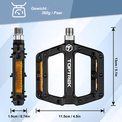Toptrek bicycle pedals with StVZO reflectors, nylon composite flat pedals, 3 bearing non-slip MTB pedals, 9/16 inch bike pedal set for road bike/mountain bike/trekking/E-bike.