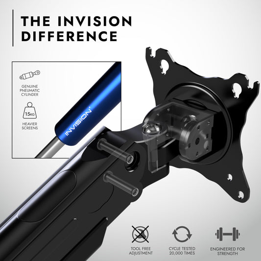 Invision monitor mount for 24-40 inch screens VESA 75-100 mm. Ergonomic, adjustable height, tilt, extendable. Supports 2-15 kg.