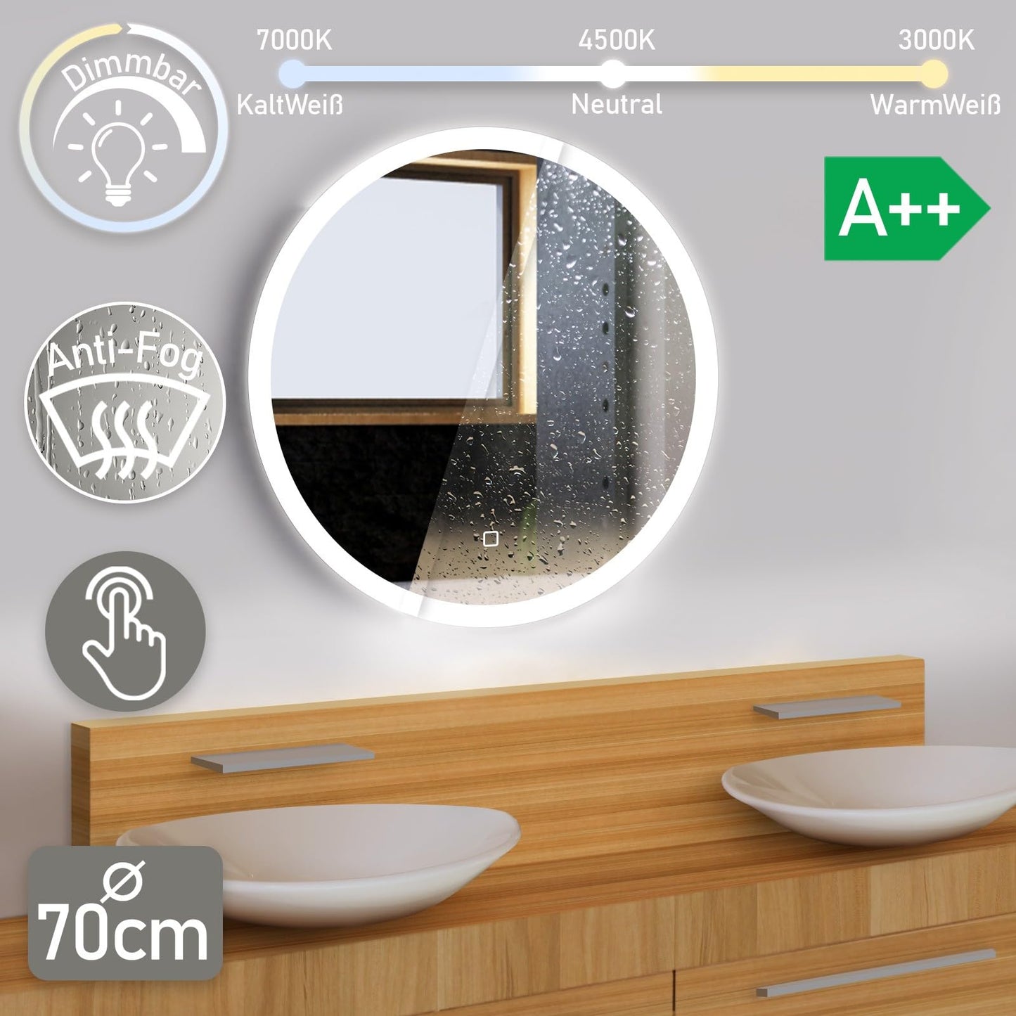 Aquamarin® LED bathroom mirror - Round 60/70/80 cm, Fog-free, Dimmable, Energy-saving, Touch, 3000-7000K, Model selection bathroom mirror, LED mirror, Light mirror, Wall mirror (Ø 70cm)