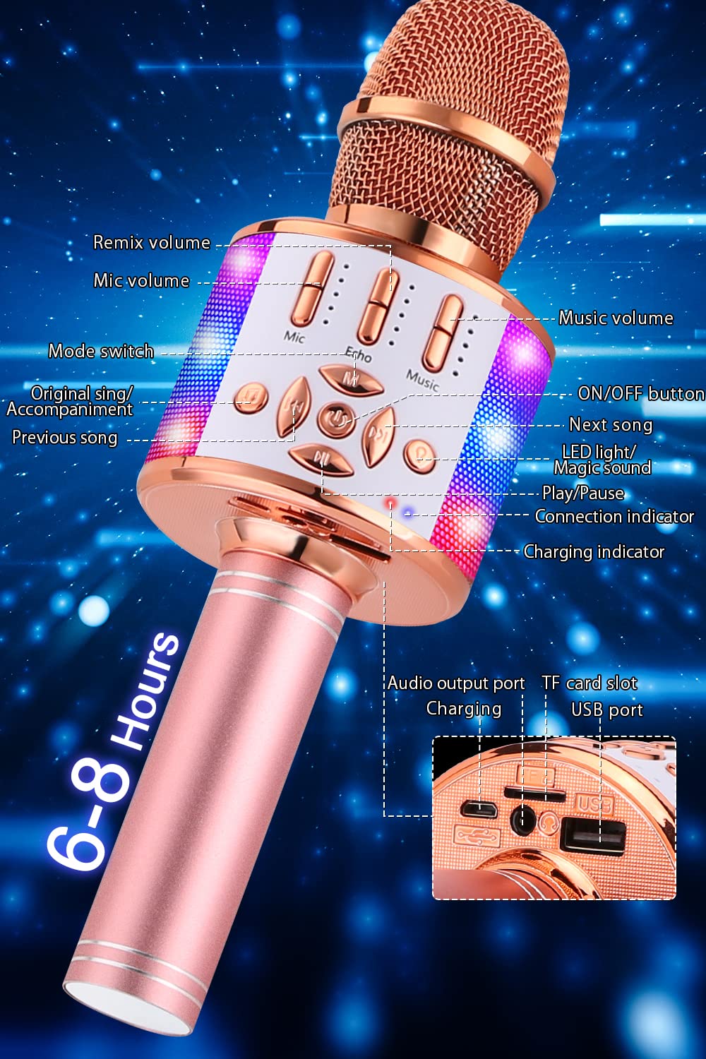 BONAOK 4 in 1 Wireless Portable Karaoke Microphone Speaker, LED, Kids, Home KTV Karaoke Device, compatible with iOS Android Bluetooth devices (Rose Gold)