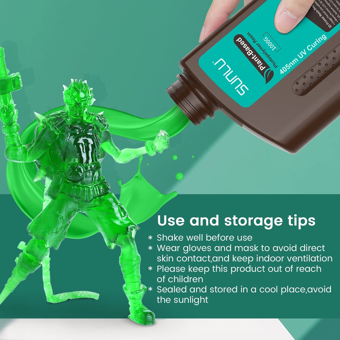 SUNLU 3D Printer Plant Based Resin, 1KG 405nm UV Odorless Eco Resin for 4K/8K LCD/DLP/SLA Resin 3D Printers, Environmentally Friendly 3D Printing Resin, Low Shrinkage, Fast Curing, Clear Green 1000g