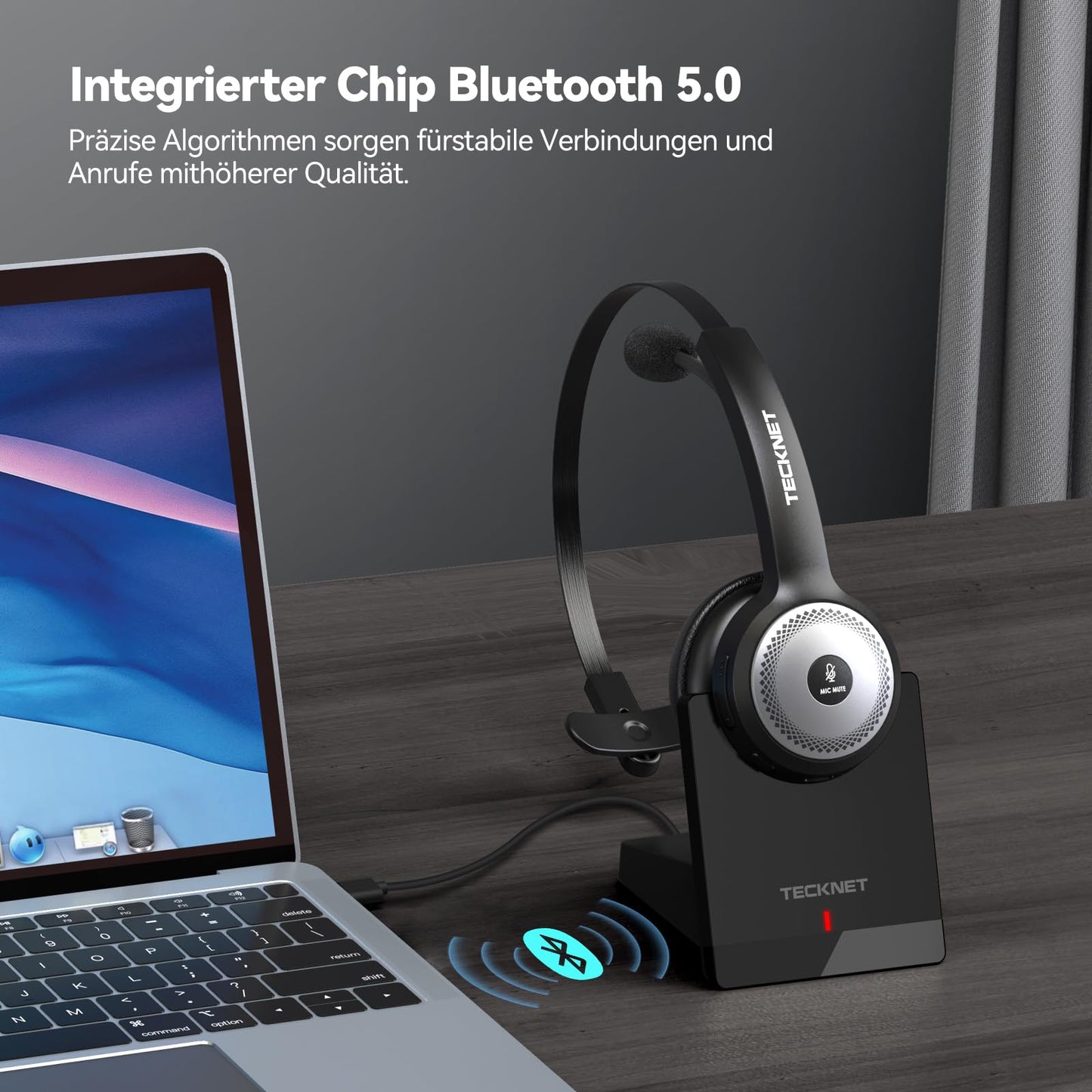 TECKNET Bluetooth PC headset with microphone & USB dongle [45 hr call time & 10M range] wireless headset with charging dock, AI noise cancelling for business, office, home office.