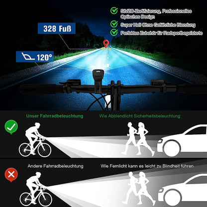 LED bike light set, StVZO bike light USB rechargeable, waterproof bike lighting front and rear set with headlights & taillight, bike light for kids and adults.