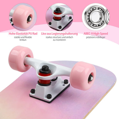 ILAHUI skateboard for teens, girls, kids, adults, beginners, 7 layers of maple wood, deck, 80 x 20 cm, bag, skateboard, rainbow powder