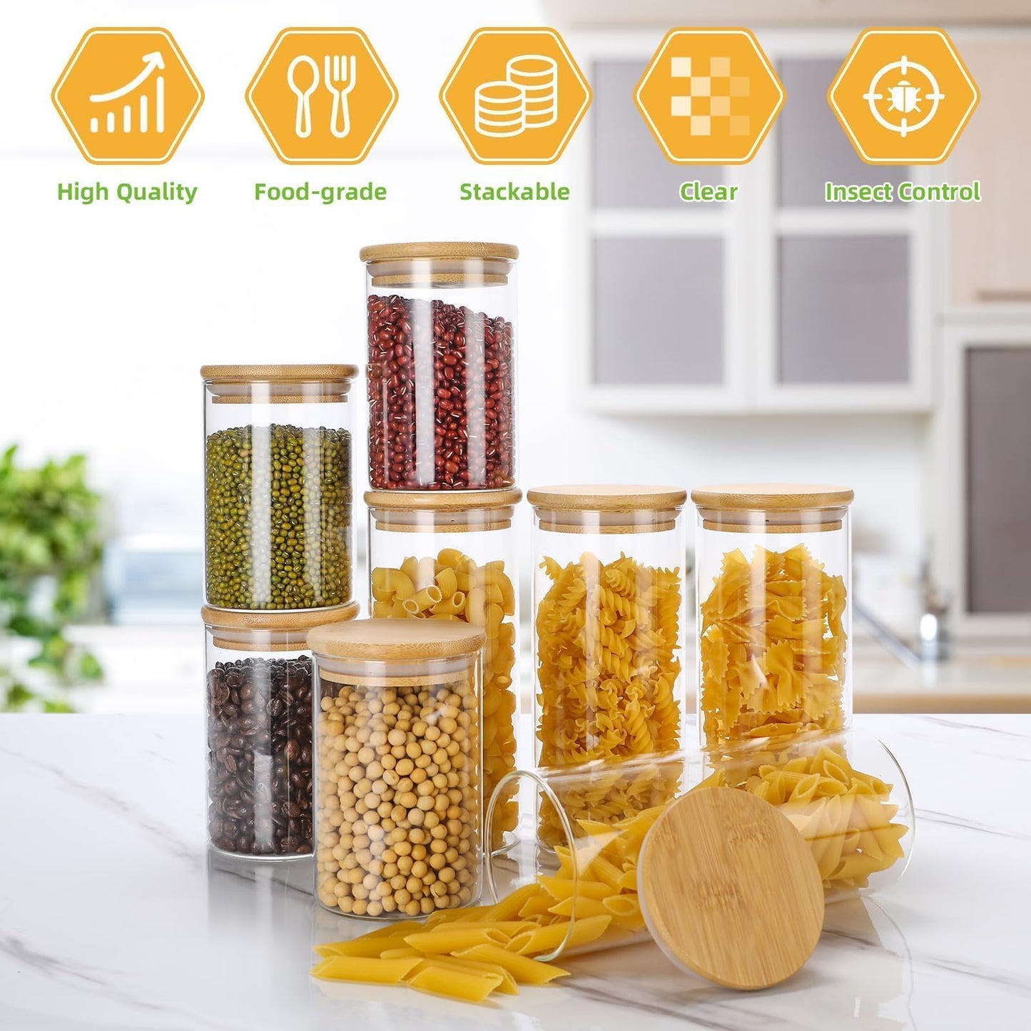 Lannvan Glass Storage Jars with Lid, 8-piece Set, airtight Glass Storage Containers with Wooden Lid for Pasta, Cereals, Granola, Beans Storage - 4x 800ml + 4x 400ml.