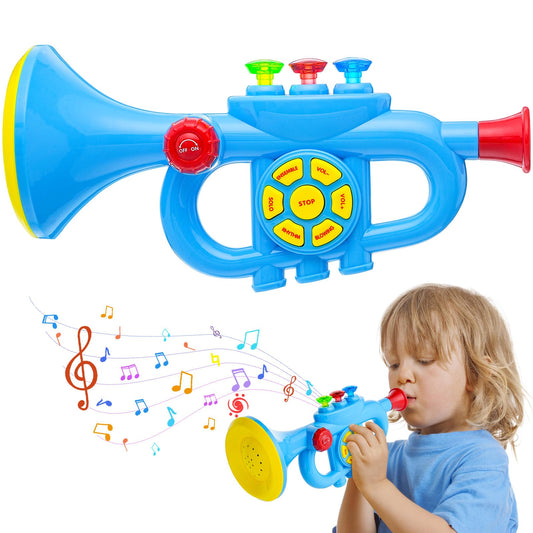 Children's trumpet toy, Luckits Portable Trumpet Horn with Music, Plastic Kids Trumpet Toy with Light Music, Song List, Trumpet Toy Gift for Boys Girls (Blue)