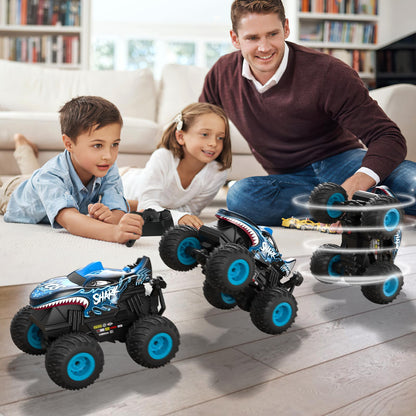 Sunrad Remote Control Car for ages 3-9, RC Monster Truck with 360° upright spin, LED lights and music, Rechargeable RC car toy and gift for kids.