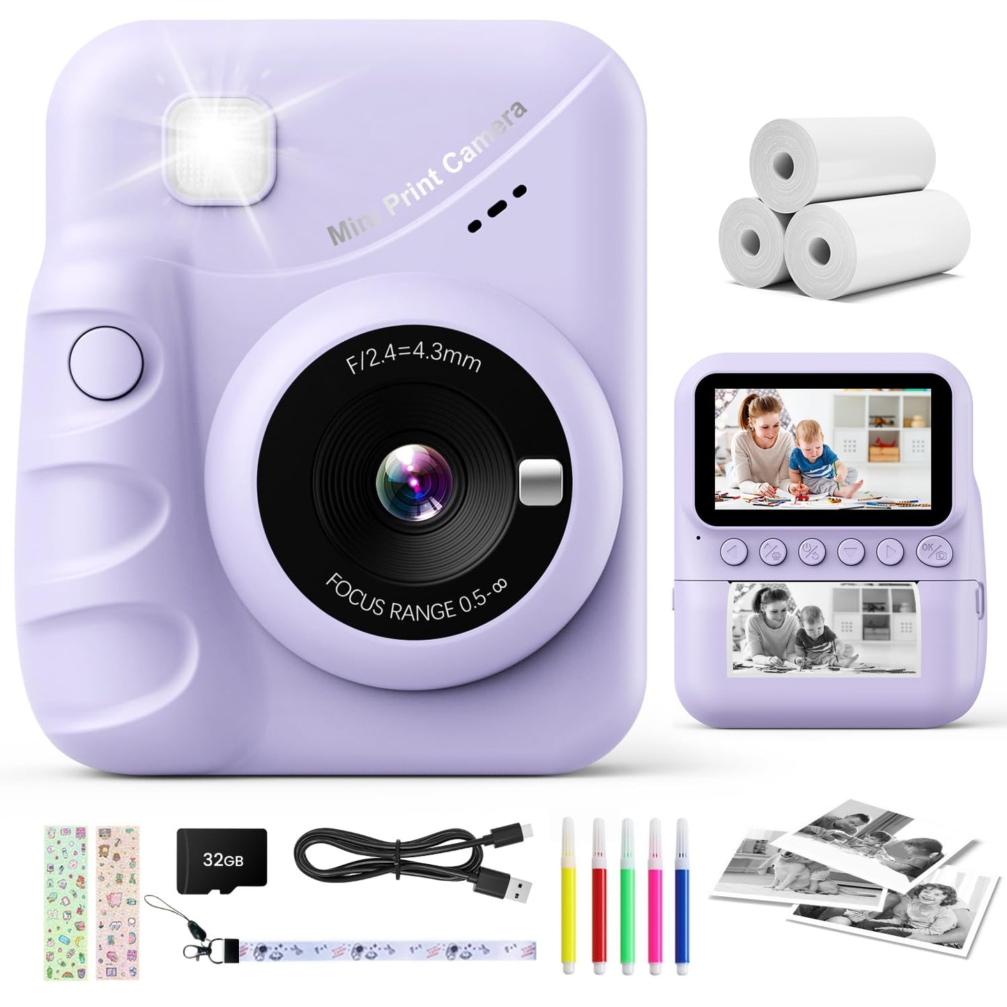 CalineGam instant camera for kids, 3.0 inch screen 48MP kids camera instant camera with 32 GB card, 1080P HD camera kids instant print, gift for 3-12 boys and girls.