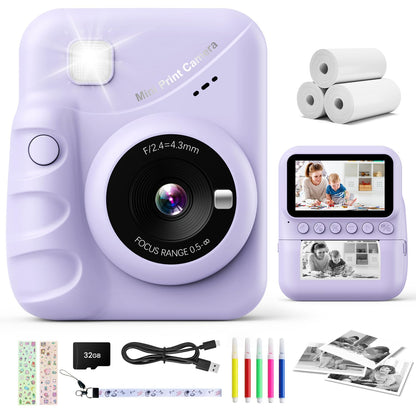 CalineGam instant camera for kids, 3.0 inch screen 48MP kids camera instant camera with 32 GB card, 1080P HD camera kids instant print, gift for 3-12 boys and girls.