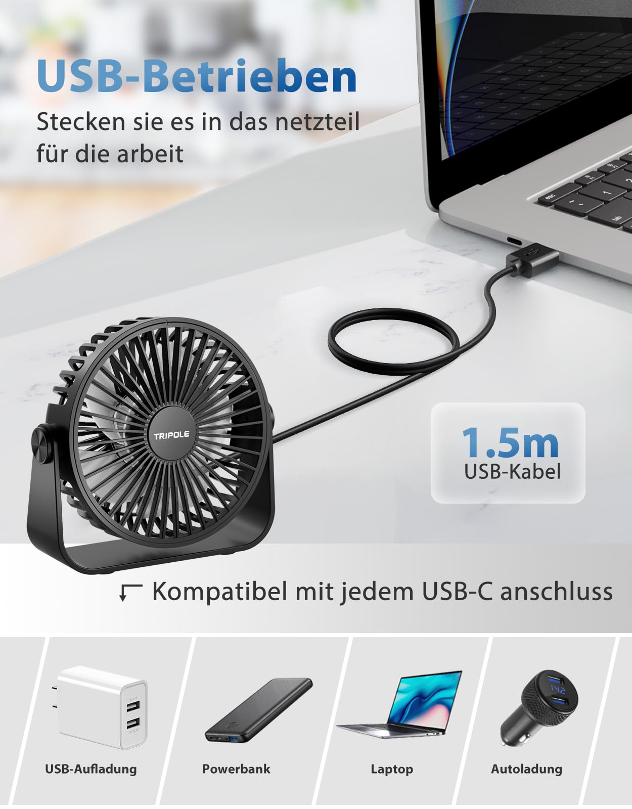 TriPole 2 Pack USB Desk Fan, 3 Speeds Strong, 360° Rotation Personal Wind Table Fan, Portable Mini Fan for Table Home Bedroom Office, Black