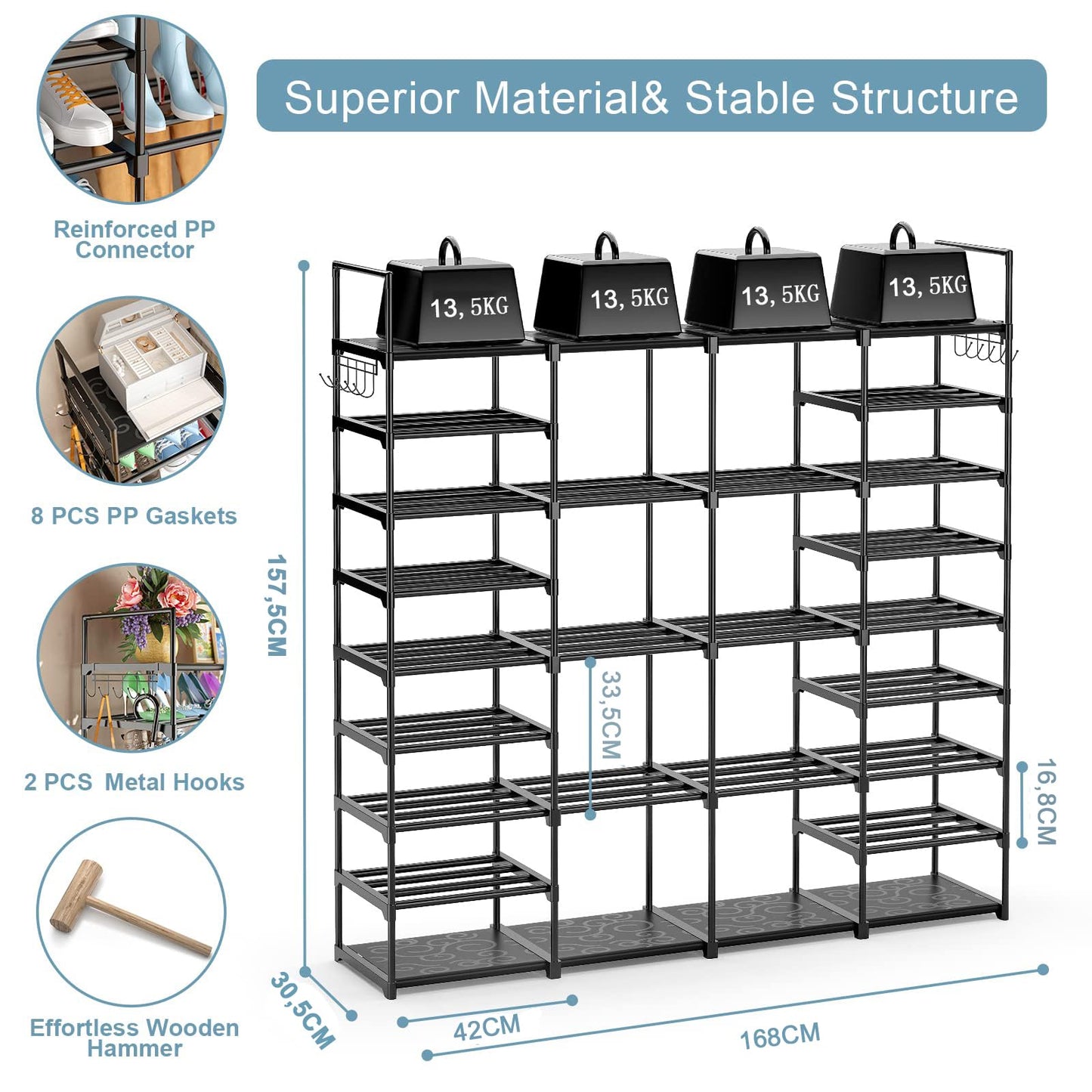 FINEW shoe rack with 9 levels, metal shoe shelves, large shoe rack for 64-72 pairs of shoes storage, 4 rows shoe cabinet with hooks for living room, dressing room, and hallway.