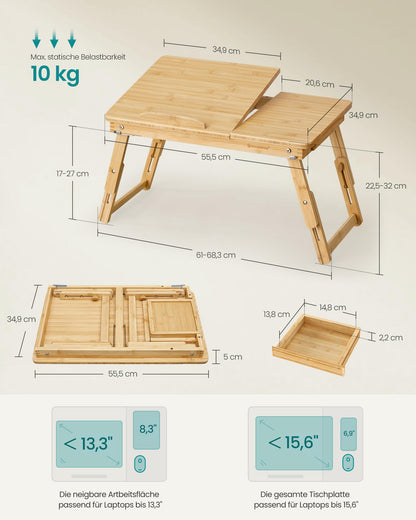 SONGMICS Laptop Desk, Laptop Stand, Breakfast Tray, Foldable Legs, for Bed and Sofa, Adjustable Height, for up to 15.6 inch Laptops, (61-68.3) x 34.9 x (22.5-32) cm, Natural Color LLD01N