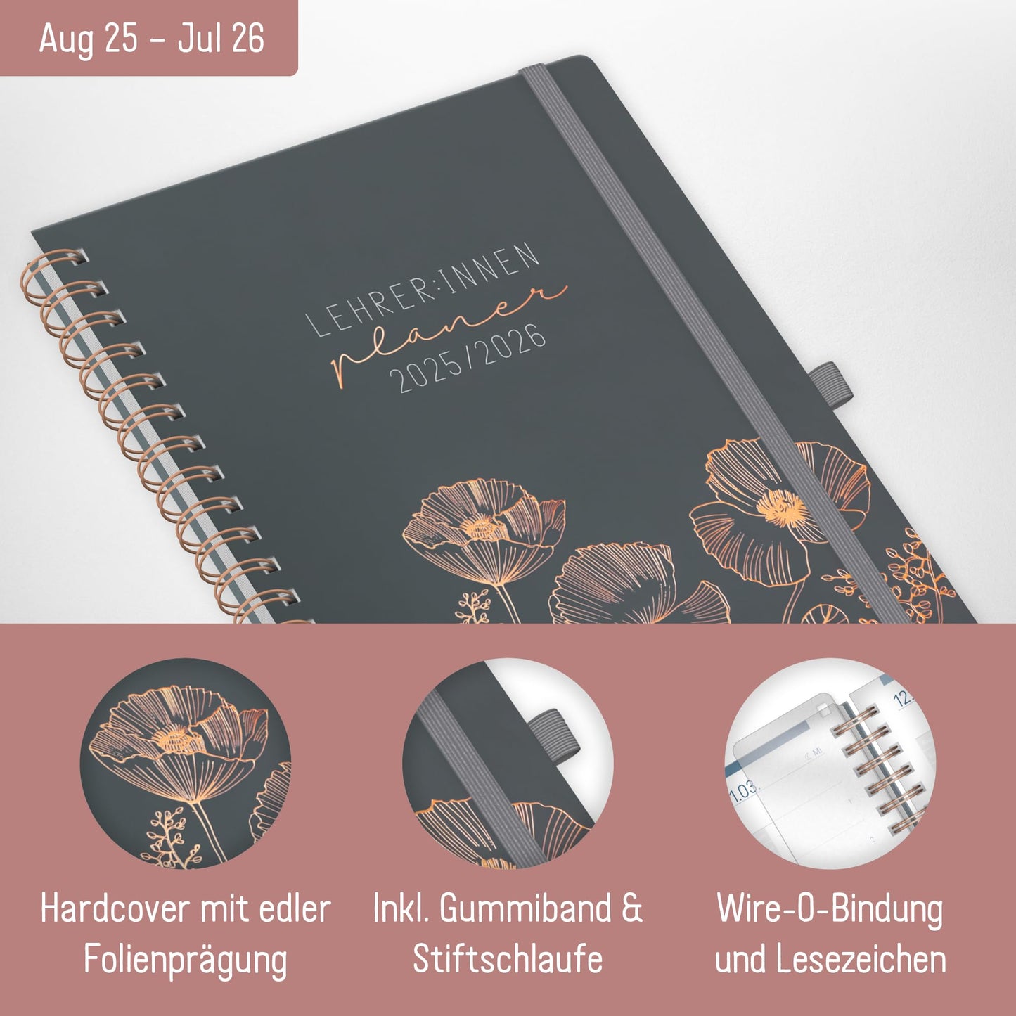 Häfft® Teacher Planner 2025/2026 A4 + Deluxe "Poppy" Hardcover Teacher Planner large, school year planner with spiral binding, school planner - sustainable & eco-friendly