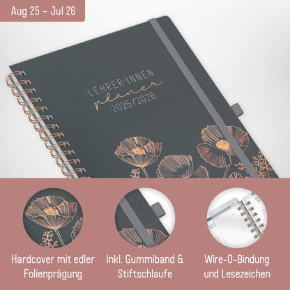 Häfft® Teacher Planner 2025/2026 A4 + Deluxe "Poppy" Hardcover Teacher Planner large, school year planner with spiral binding, school planner - sustainable & eco-friendly