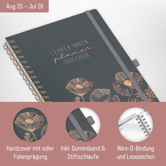 Häfft® Teacher Planner 2025/2026 A4 + Deluxe "Poppy" Hardcover Teacher Planner large, school year planner with spiral binding, school planner - sustainable & eco-friendly