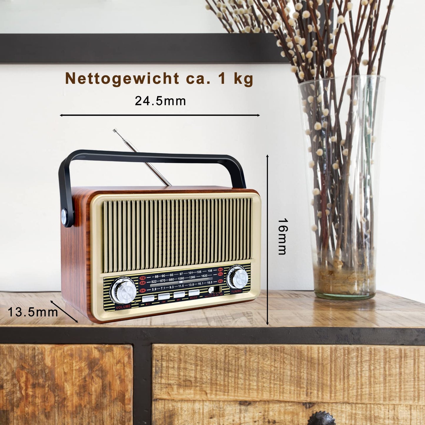 Sentasi Retro Bluetooth 5.0 Radio - Nostalgic AM SW FM vintage device with 1200mAh rechargeable battery, USB/TF support - For kitchen, office, and home