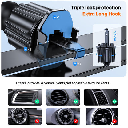 Miracase car phone holder, 360° rotatable universal phone holder for car vents, one-button release car holder for iPhone, Huawei, and other 4-7 inch smartphones.